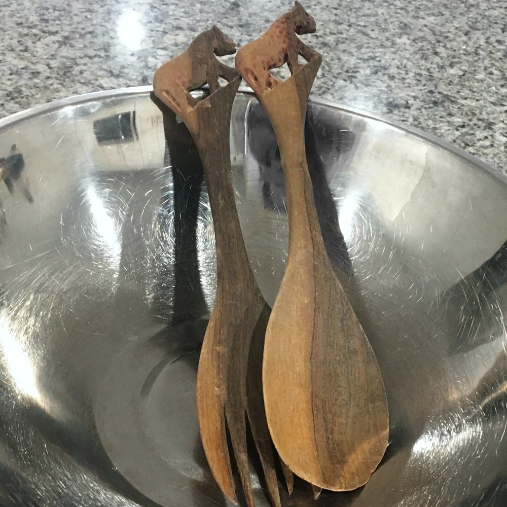Vintage Carved Wooden Serving UTENSILS with Animal Motif, Pair of 2